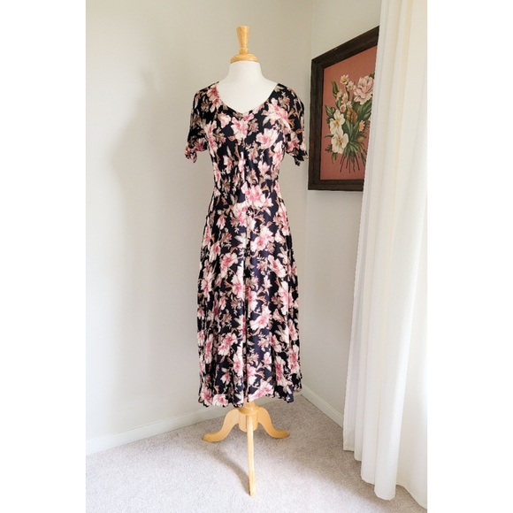 90s Black Floral Bias Cut 1990s Vintage Rayon Gauze V Neck Midi Dress - Picture 11 of 14